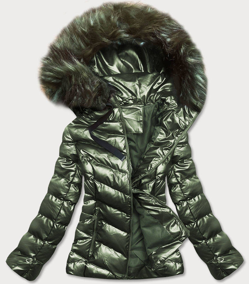 Zelená lesklá dámská zimní bunda s kapucí (5M773-238) odcienie zieleni XL (42)