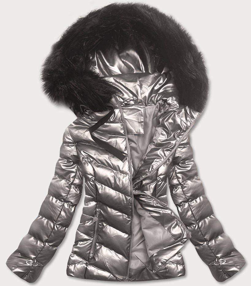 Stříbrná lesklá dámská zimní bunda s kapucí (5M773-401) odcienie szarości XL (42)