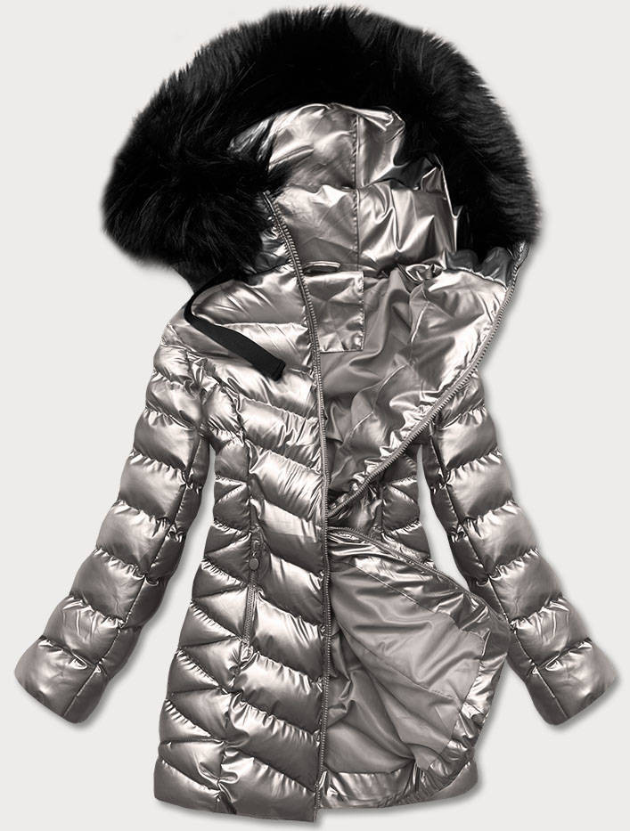 Stříbrná dámská metalická zimní bunda (5M778-401) odcienie szarości XL (42)