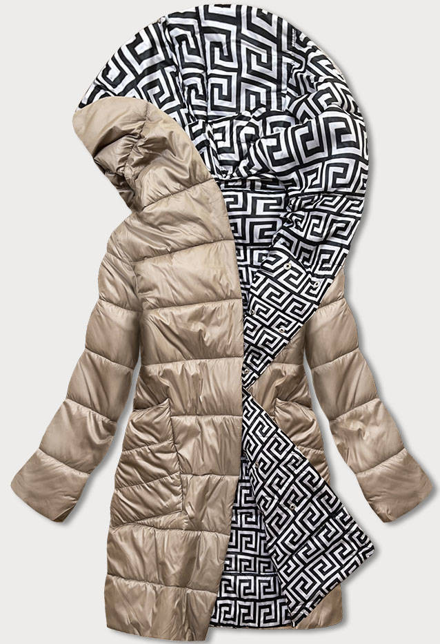 Béžovo-bílá přeložená obálková dámská bunda s kapucí (B8040-12026) odcienie beżu 48