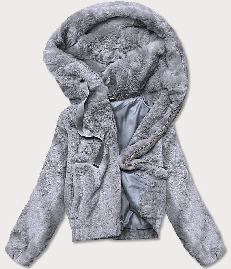 Krátká šedá dámská kožešinová bunda (B8050-9) odcienie szarości XL (42)
