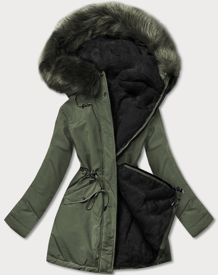 Khaki-černá teplá dámská oboustranná zimní bunda (W610) odcienie czerni L (40)