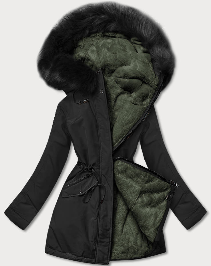 Černo/khaki teplá oboustranná dámská zimní bunda (W610) odcienie czerni S (36)