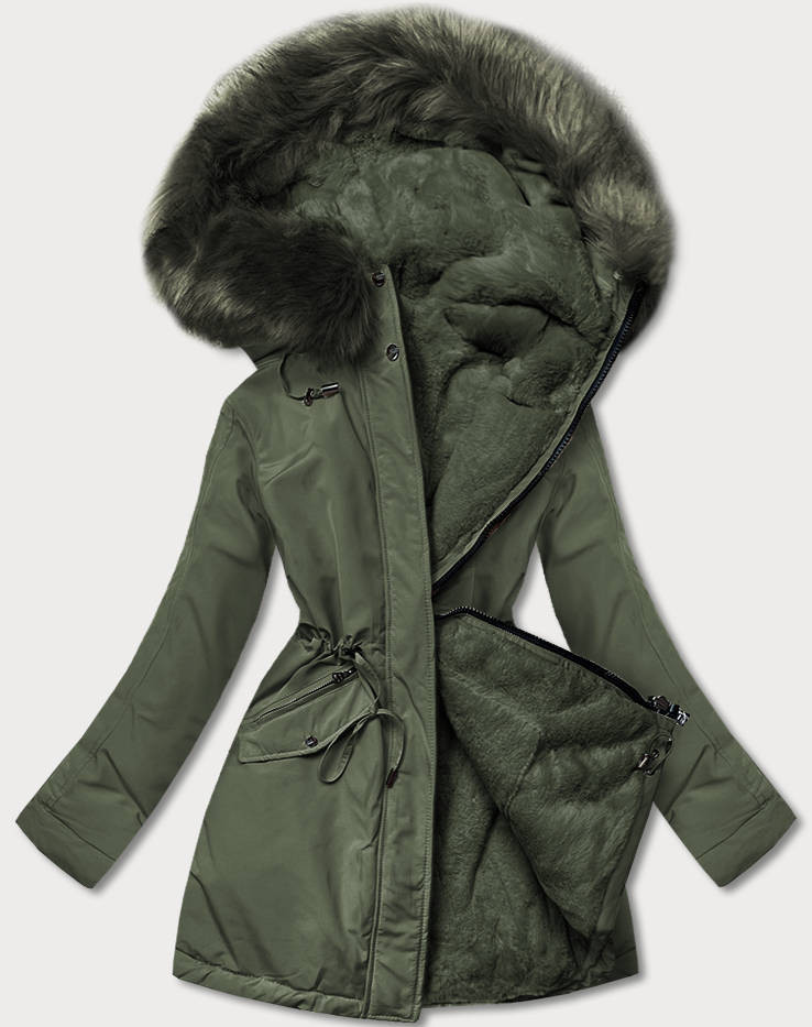 Teplá oboustranná dámská zimní bunda v khaki barvě (W610) odcienie zieleni L (40)