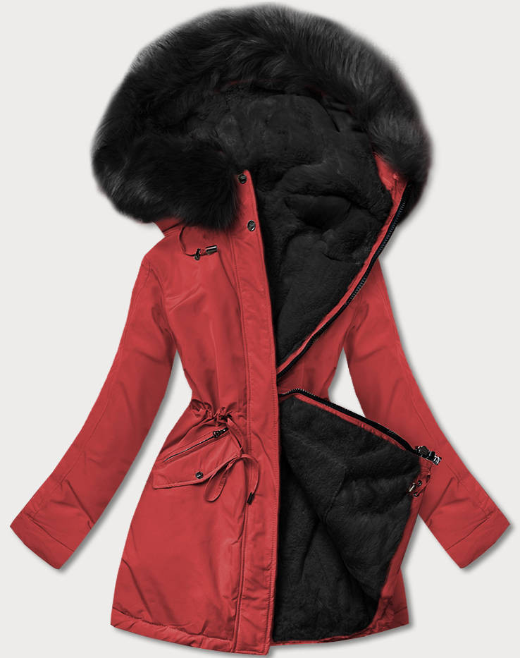 Červeno/černá teplá dámská oboustranná zimní bunda (W610) odcienie czerwieni L (40)