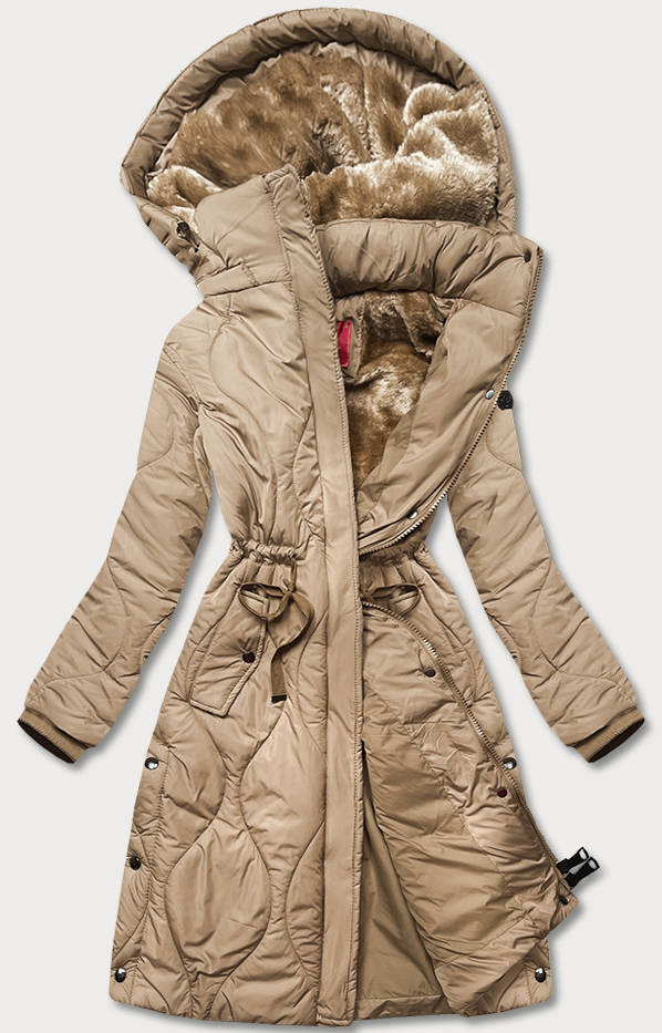 Béžová dámská zimní bunda ke kolenům (M-21601) odcienie beżu S (36)