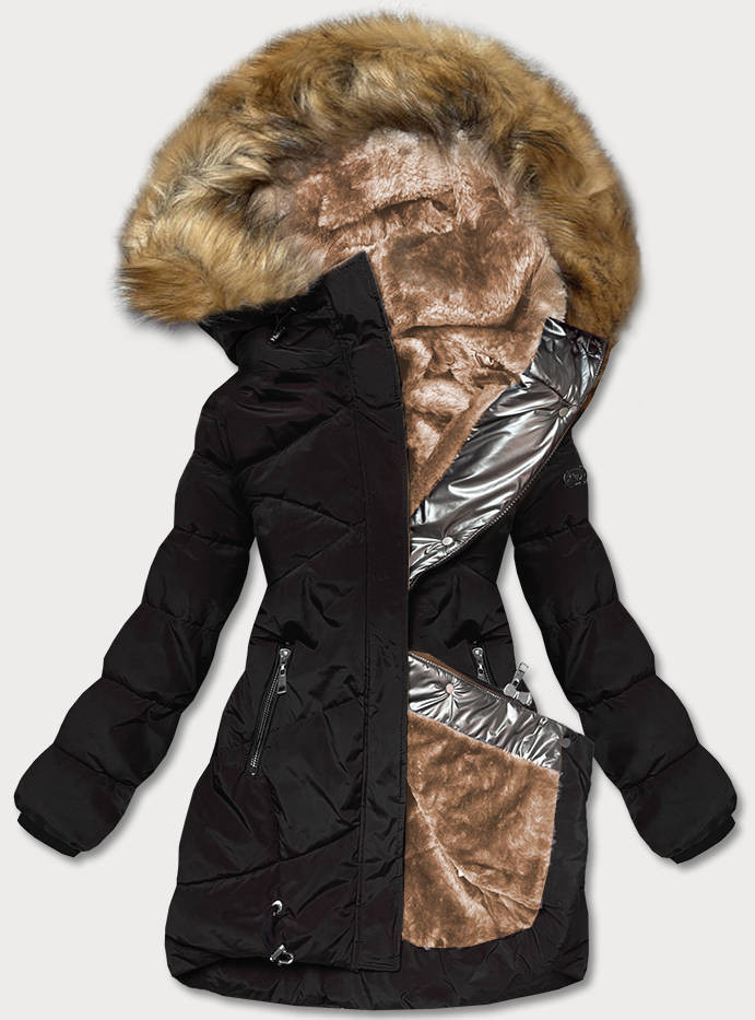 Černo-hnědá dámská prošívaná zimní bunda (M-21015) odcienie czerni S (36)