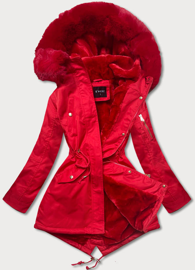 Červená dámská zimní bunda parka s kapucí (B531-4) odcienie czerwieni XL (42)