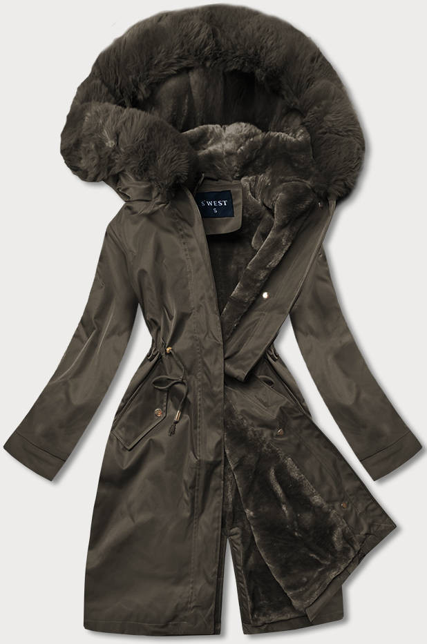 Dámská zimní bunda v khaki barvě s mechovitým kožíškem (B537-11) odcienie zieleni M (38)