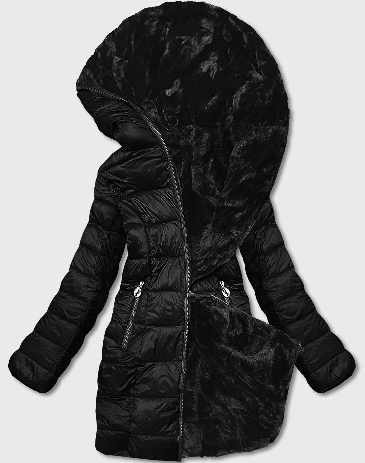 Černá oboustranná dámská bunda-kožíšek (B8052-1) odcienie czerni 52