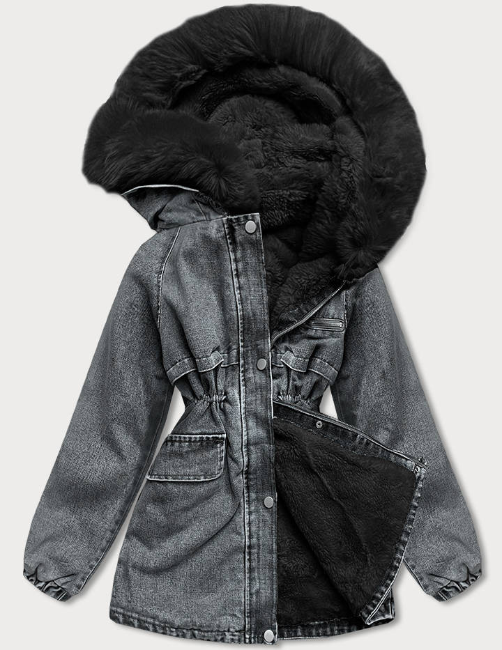 Černá dámská džínová bunda s kožešinovou podšívkou (BR8048-101) odcienie czerni XXL (44)