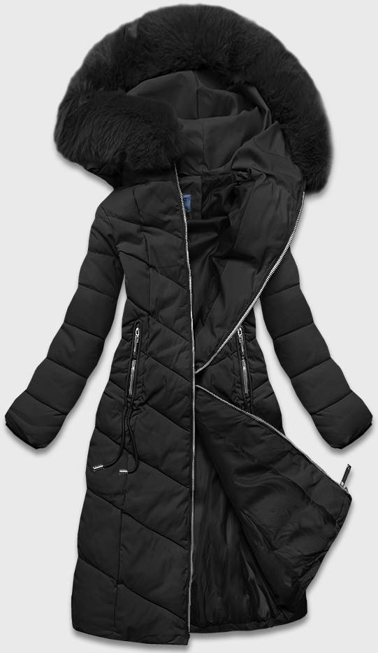 Dlouhá černá klasická dámská zimní bunda (B8075-1) odcienie czerni S (36)