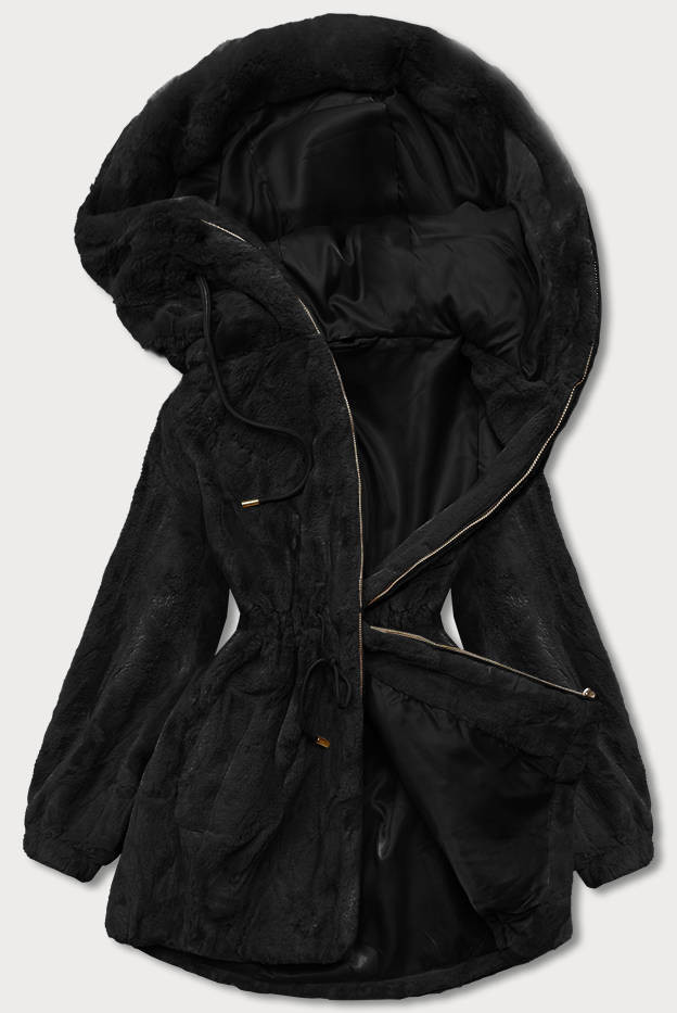 Černá kožešinová bunda s kapucí (B8049-1) odcienie czerni XXL (44)