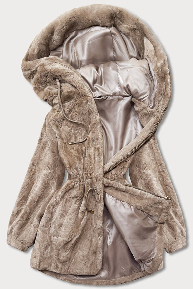 Béžová kožešinová bunda s kapucí (B8049-12) odcienie beżu 48