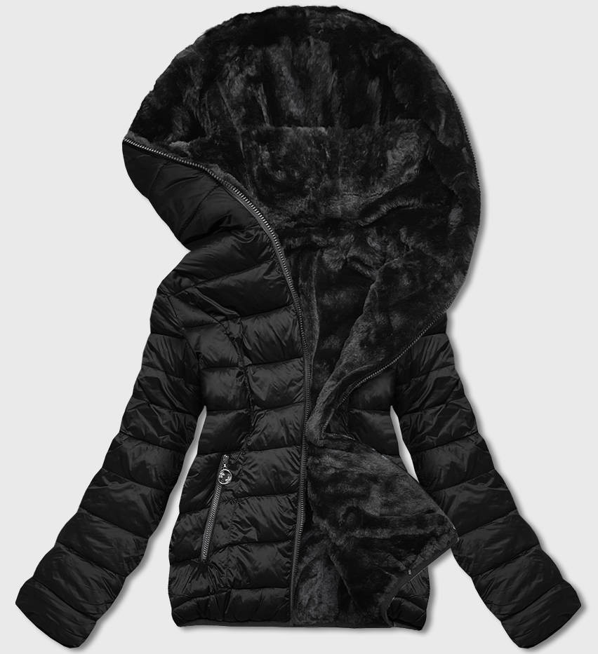 Černá oboustranná dámská bunda-kožíšek (B8051-1) odcienie czerni L (40)