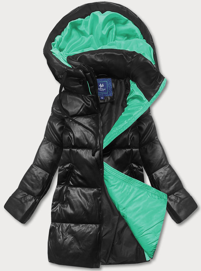 Černo-zelená volná dámská bunda z ekologické kůže (AG6-20B) odcienie czerni 48