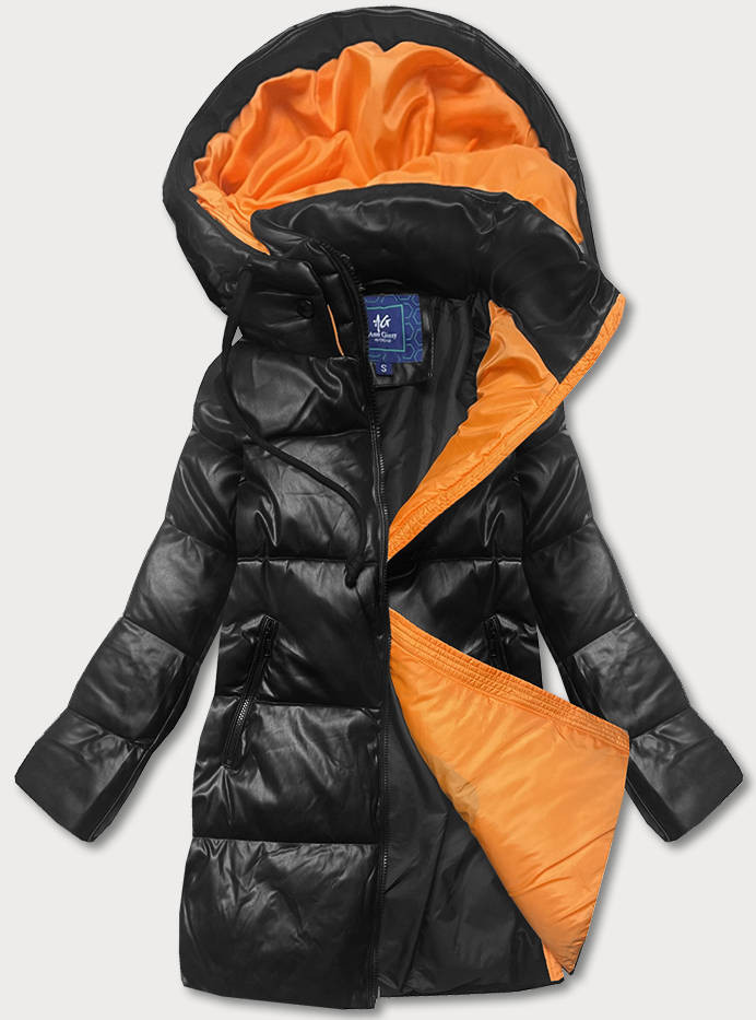 Černo-oranžová volná dámská bunda z ekologické kůže (AG6-21) odcienie czerni L (40)