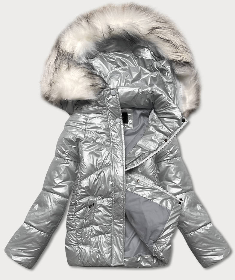 Krátká šedá károvaná dámská zimní bunda (16M9052-92) odcienie szarości L (40)