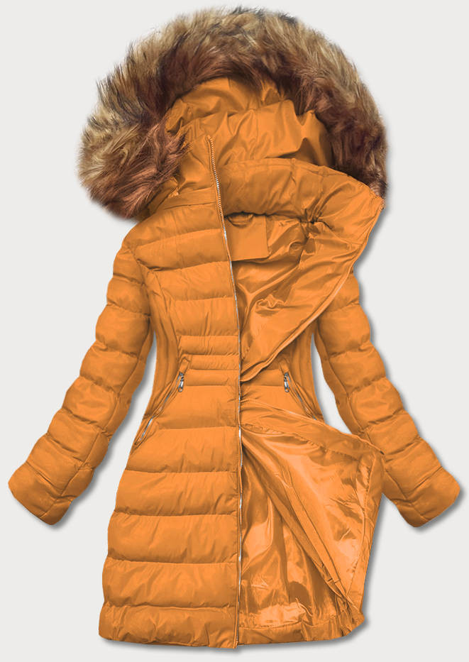 Tmavě žlutá dámská zimní bunda s kožešinou (5M753-254) odcienie żółtego S (36)