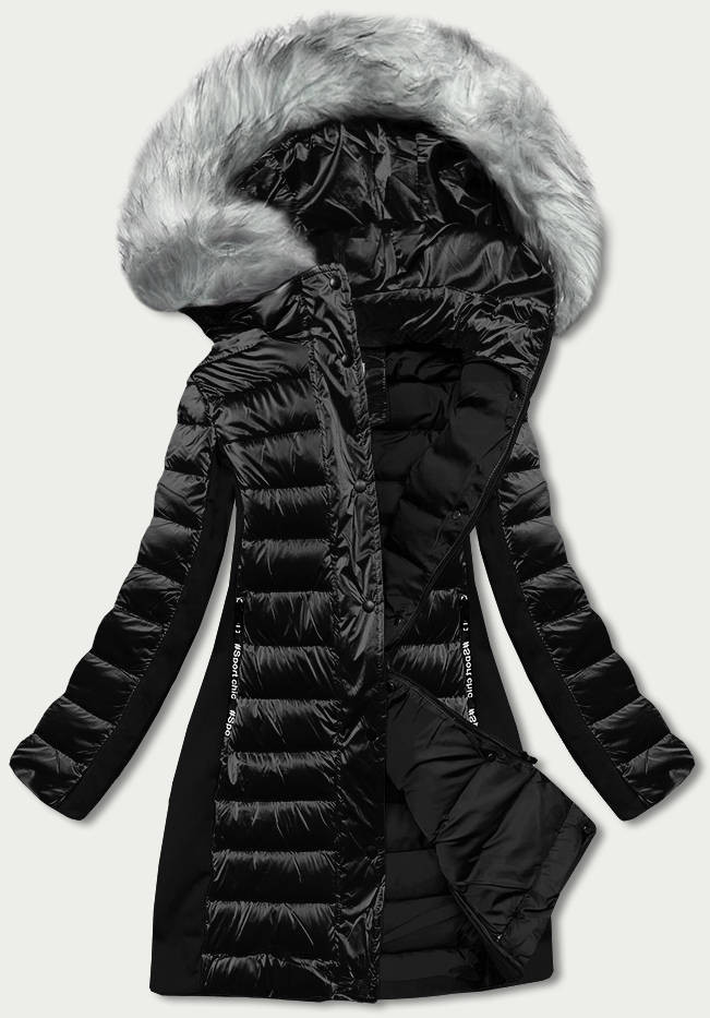 Černá dámská zimní bunda z různých spojených materiálů (DK067-1) odcienie czerni L (40)
