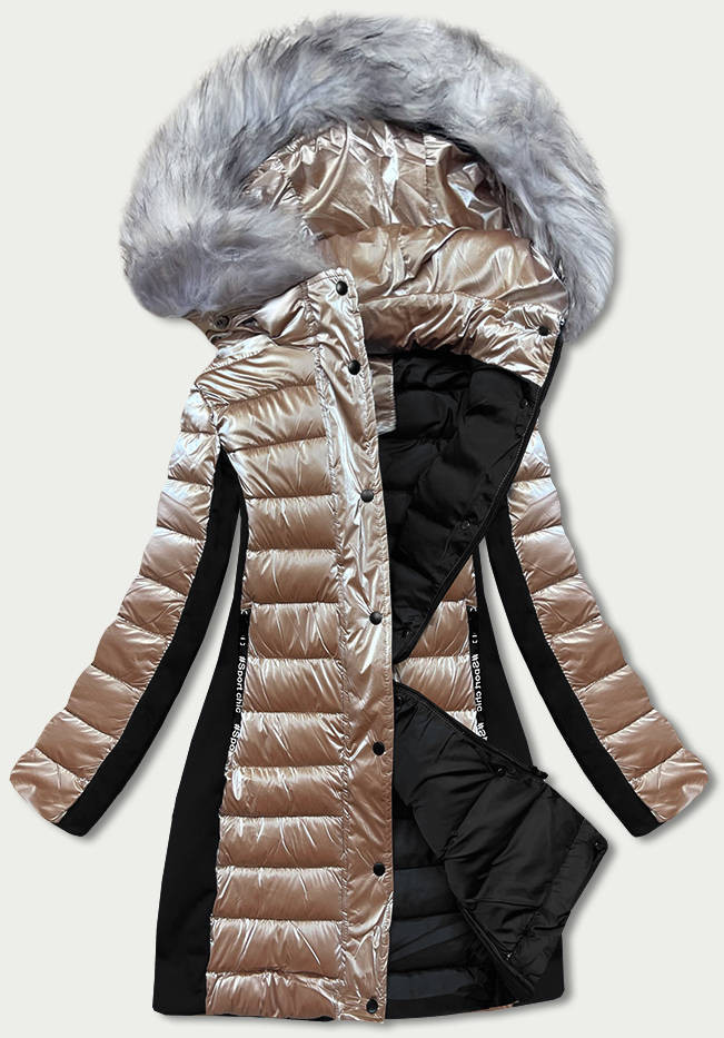 Béžová dámská zimní bunda z různých spojených materiálů (DK067-95) odcienie beżu XL (42)
