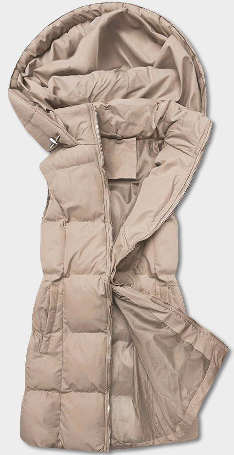 Béžová péřová dámská vesta s kapucí (5M721-62) odcienie beżu L (40)