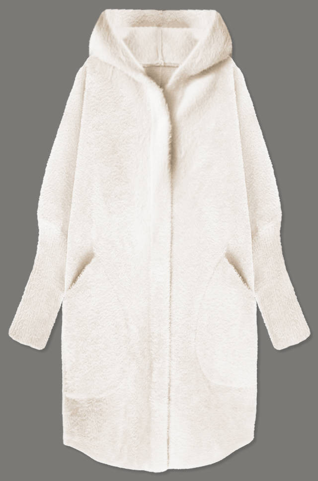 Dlouhý vlněný přehoz přes oblečení typu "alpaka" ve smetanové barvě s kapucí (908) odcienie bieli ONE SIZE