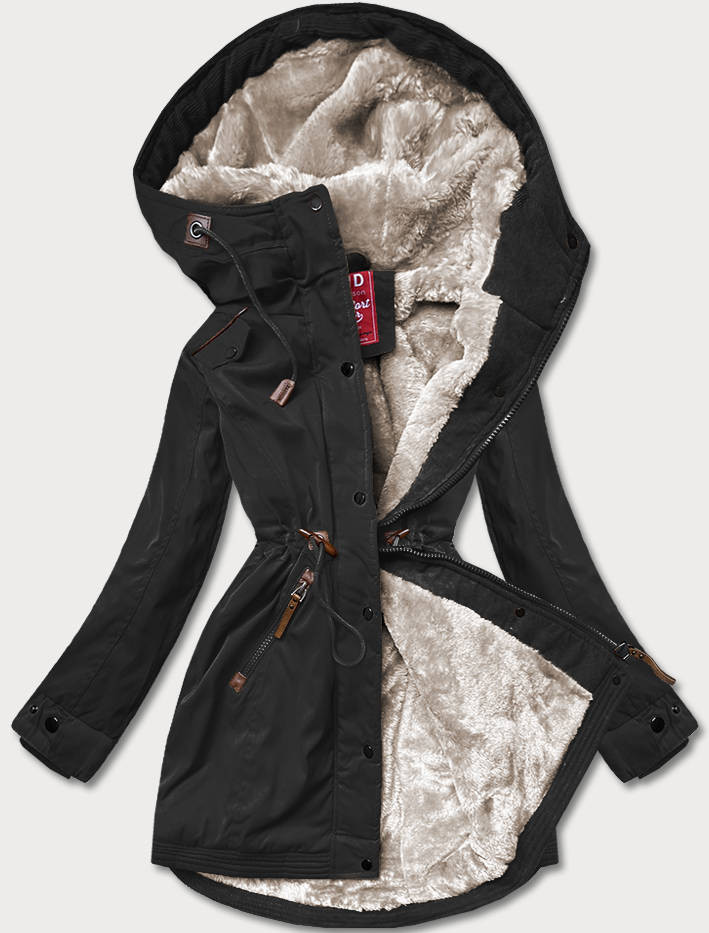 Černá dámská zimní bunda parka se vsadkami z eko kůže (2M-21A93) odcienie czerni M (38)