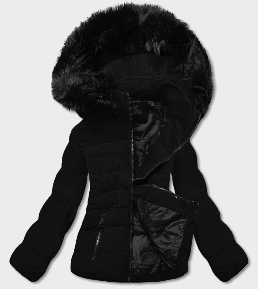 Krátká černá zimní bunda s kapucí (16M9055-392) odcienie czerni L (40)