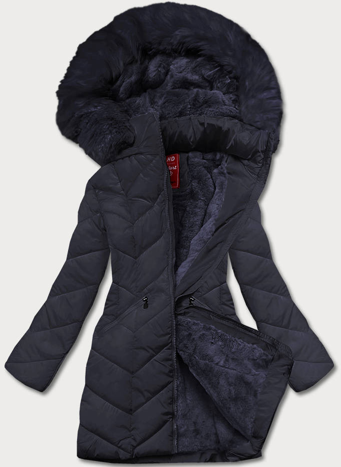 Tmavě modrá dámská zimní bunda s kapucí (2M-21308) odcienie niebieskiego XL (42)