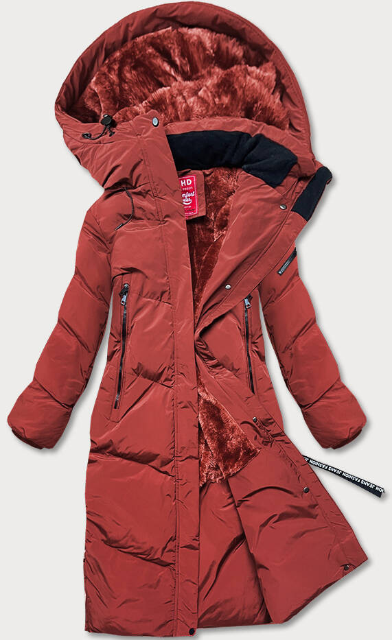 Dlouhá dámská zimní bunda v cihlové barvě s kožešinovou podšívkou (2M-011) odcienie czerwieni XL (42)
