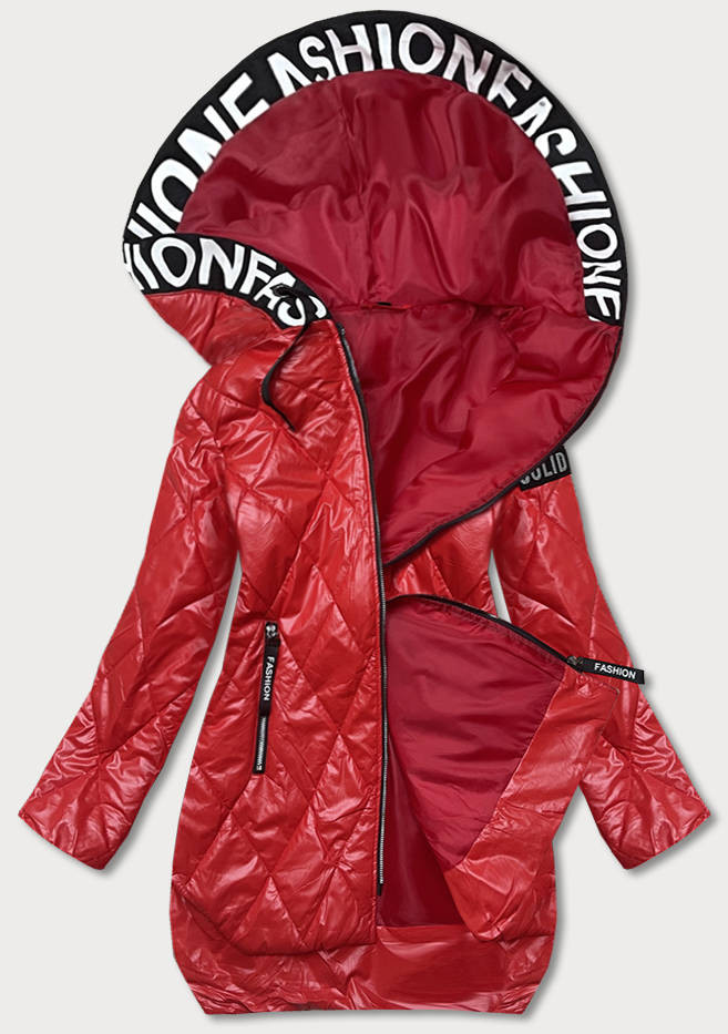 Červená prošívaná bunda s kapucí (B8082-4) odcienie czerwieni 50