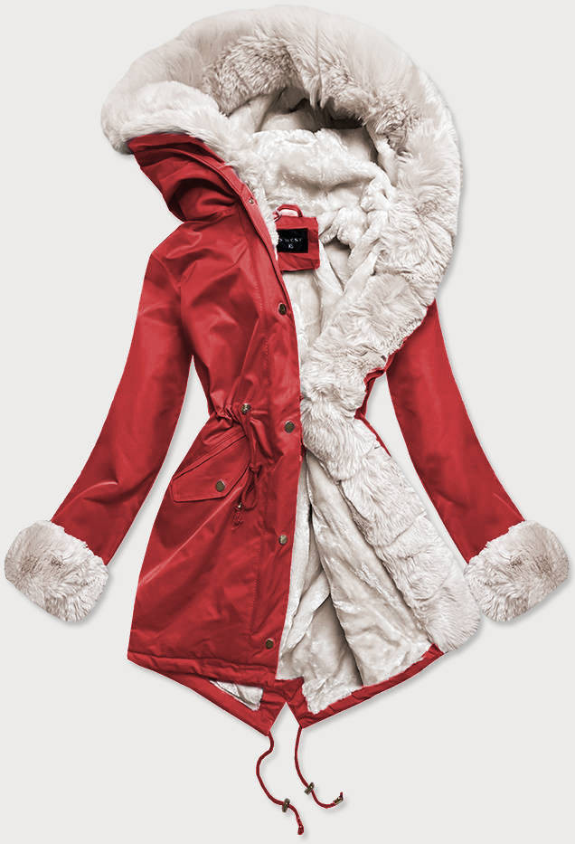 Červeno-ecru dámská zimní bunda parka s mechovitým kožíškem (B530-4046) odcienie czerwieni XS (34)