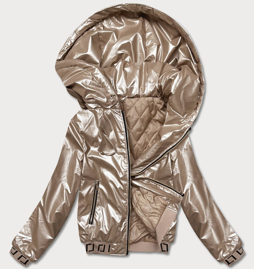 Krátká béžová dámská bunda s kapucí (B8077-101) odcienie beżu XXL (44)