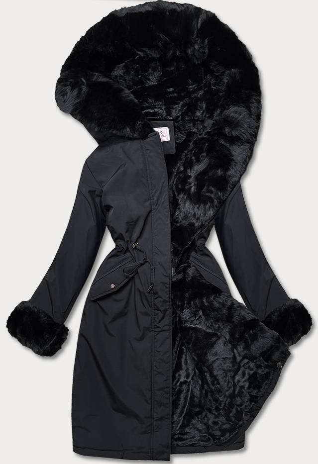 Černá dámská zimní bunda s kožešinovou podšívkou (W635) odcienie czerni XS (34)
