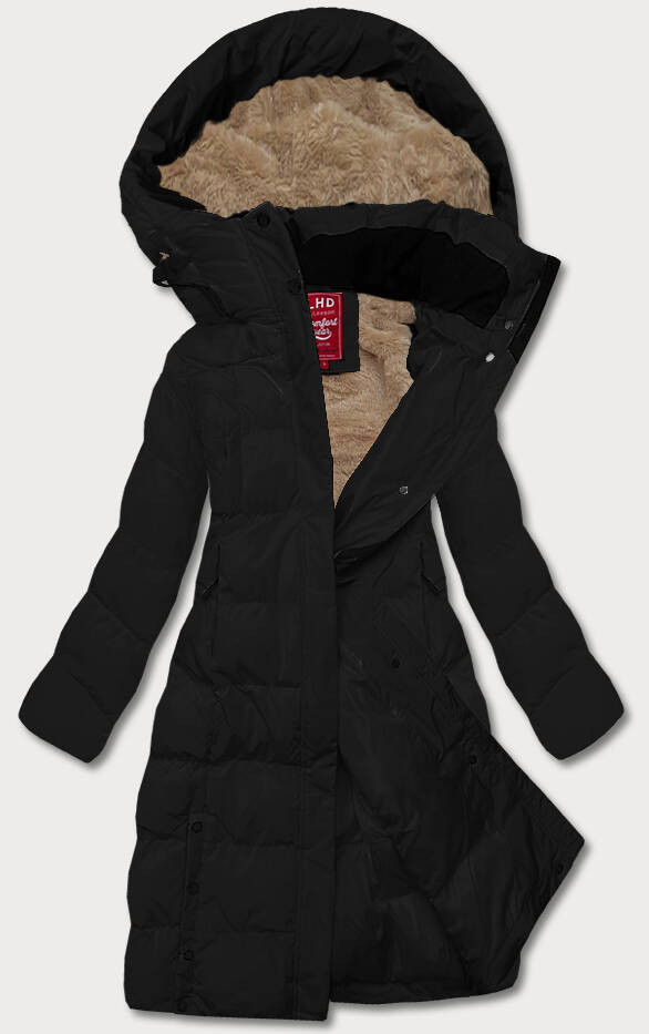 Dlouhá černá dámská zimní bunda s kožešinovou podšívkou (2M-025) odcienie czerni XXL (44)