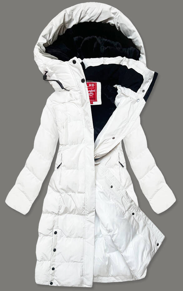 Dlouhá bílá dámská zimní bunda s kožešinovou podšívkou (2M-025) odcienie bieli M (38)