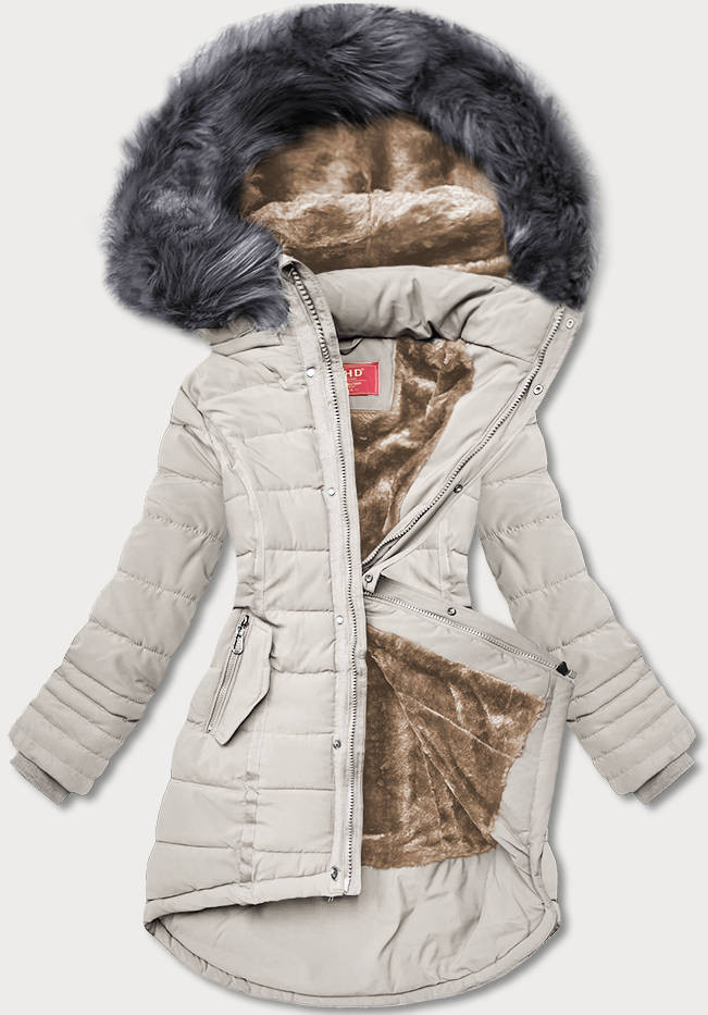 Světle béžová asymetrická dámská zimní bunda (M-21301) odcienie beżu S (36)