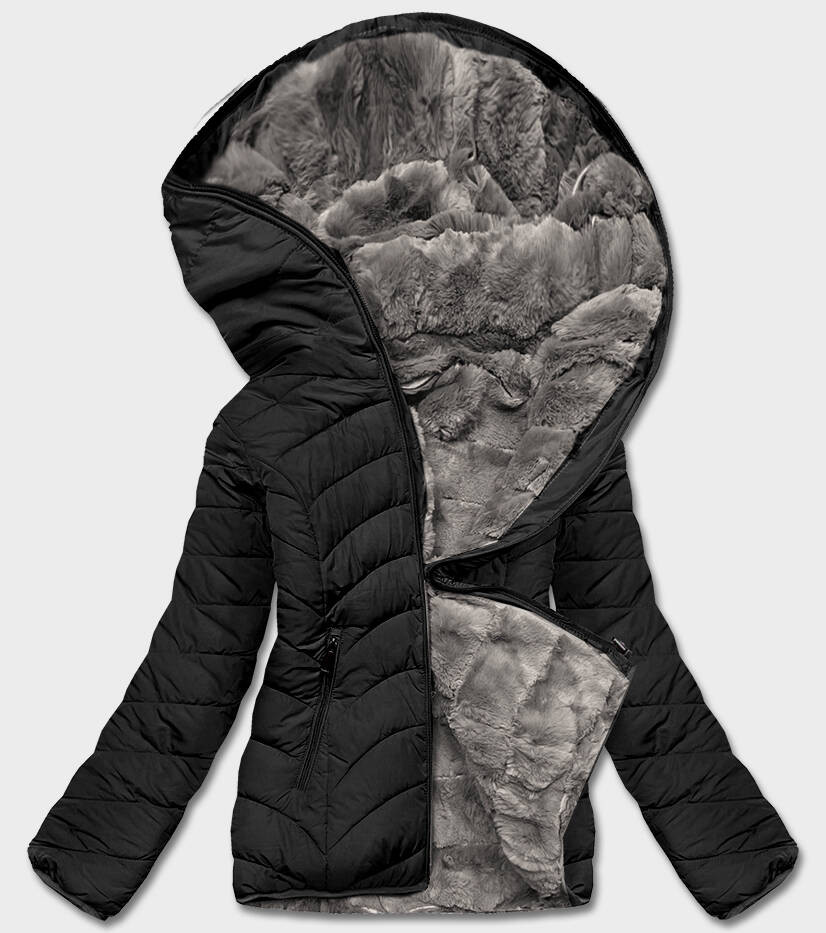 Krátká černo-šedá oboustranná dámská zimní bunda (2M-21507) odcienie czerni M (38)