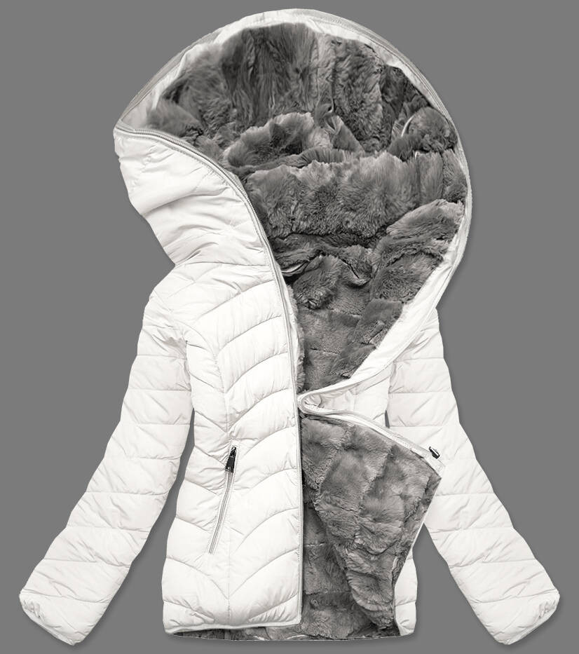 Krátká smetanovo-šedá oboustranná dámská zimní bunda (2M-21507) odcienie bieli XL (42)