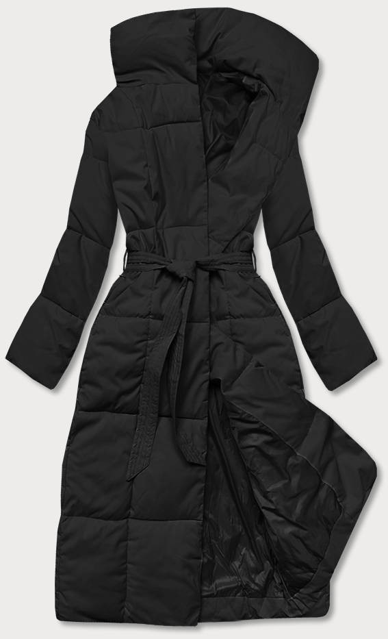 Černý dámský zimní kabát s páskem (2M-061) odcienie czerni XL (42)