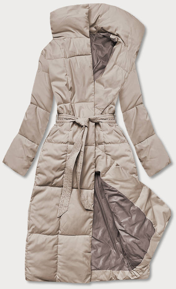 Světle béžový zimní dámský kabát s páskem (2M-061) odcienie beżu L (40)