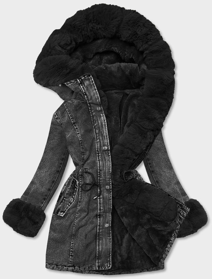 Černá dámská džínová bunda s kožešinovou podšívkou (B8068-101) odcienie czerni XS (34)