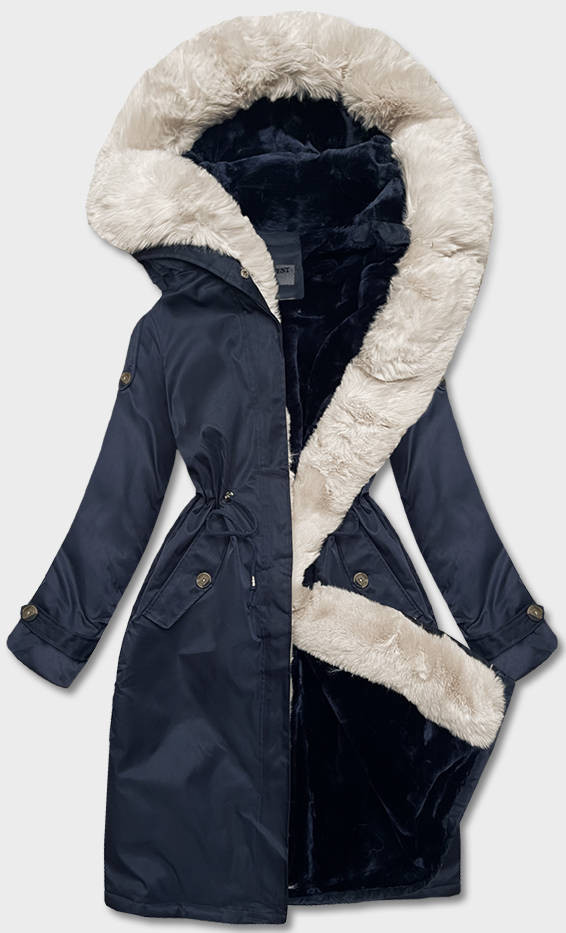 Tmavě modrá dámská zimní bunda s kožešinovou podšívkou (B538-3046) odcienie niebieskiego XXL (44)