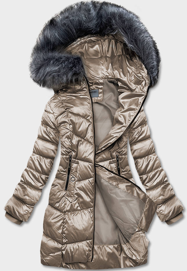 Béžová dámská metalická zimní bunda (B8072-12) odcienie beżu L (40)
