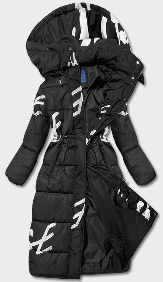 Černo-bílá dlouhá dámská zimní bunda s nápisy (AG3-3028) odcienie czerni XL (42)