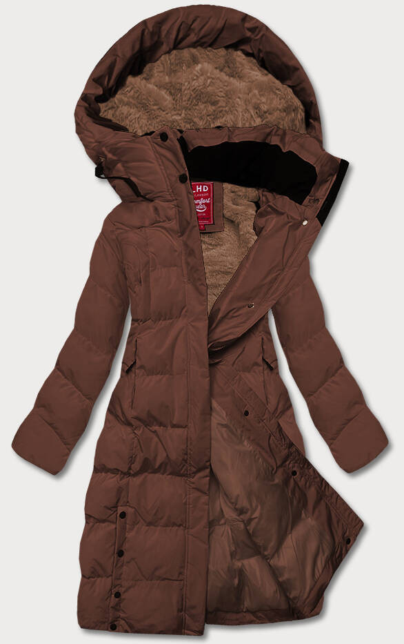 Dlouhá hnědá dámská zimní bunda s kožešinovou podšívkou (2M-025) odcienie brązu M (38)