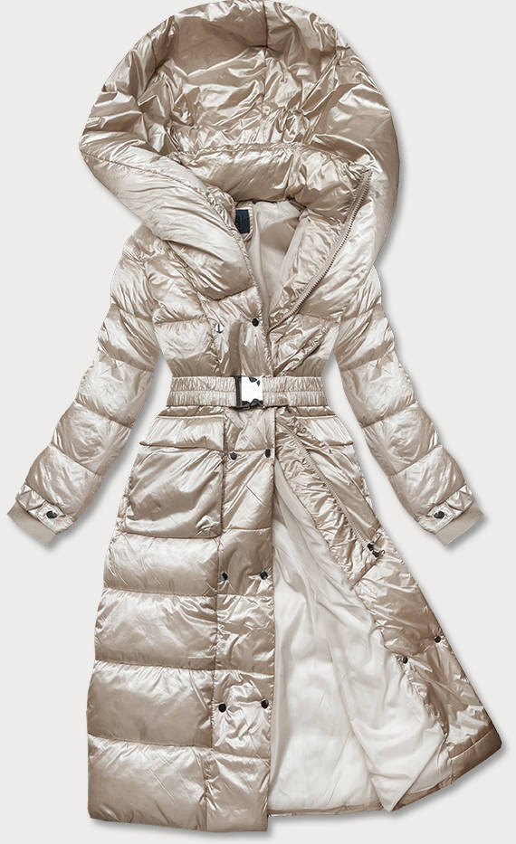 Dlouhá béžová dámská bunda s opaskem (AG1-J9090) odcienie beżu L (40)