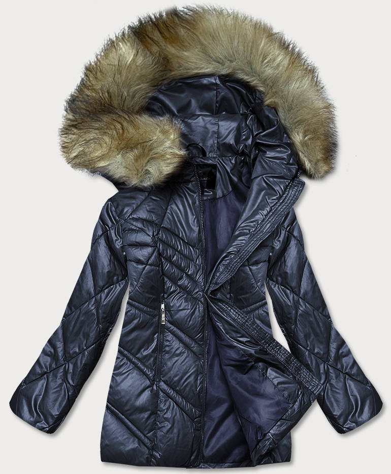 Tmavě modrá dámská bunda s kapucí pro přechodné období (H-97) odcienie niebieskiego M (38)