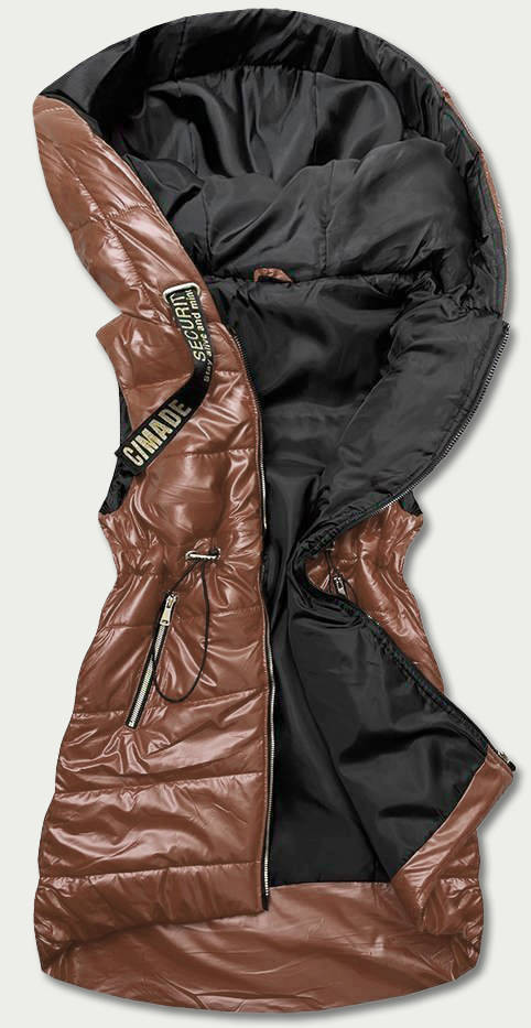 Lesklá vesta v karamelové barvě s kapucí (B8130-14) odcienie brązu M (38)